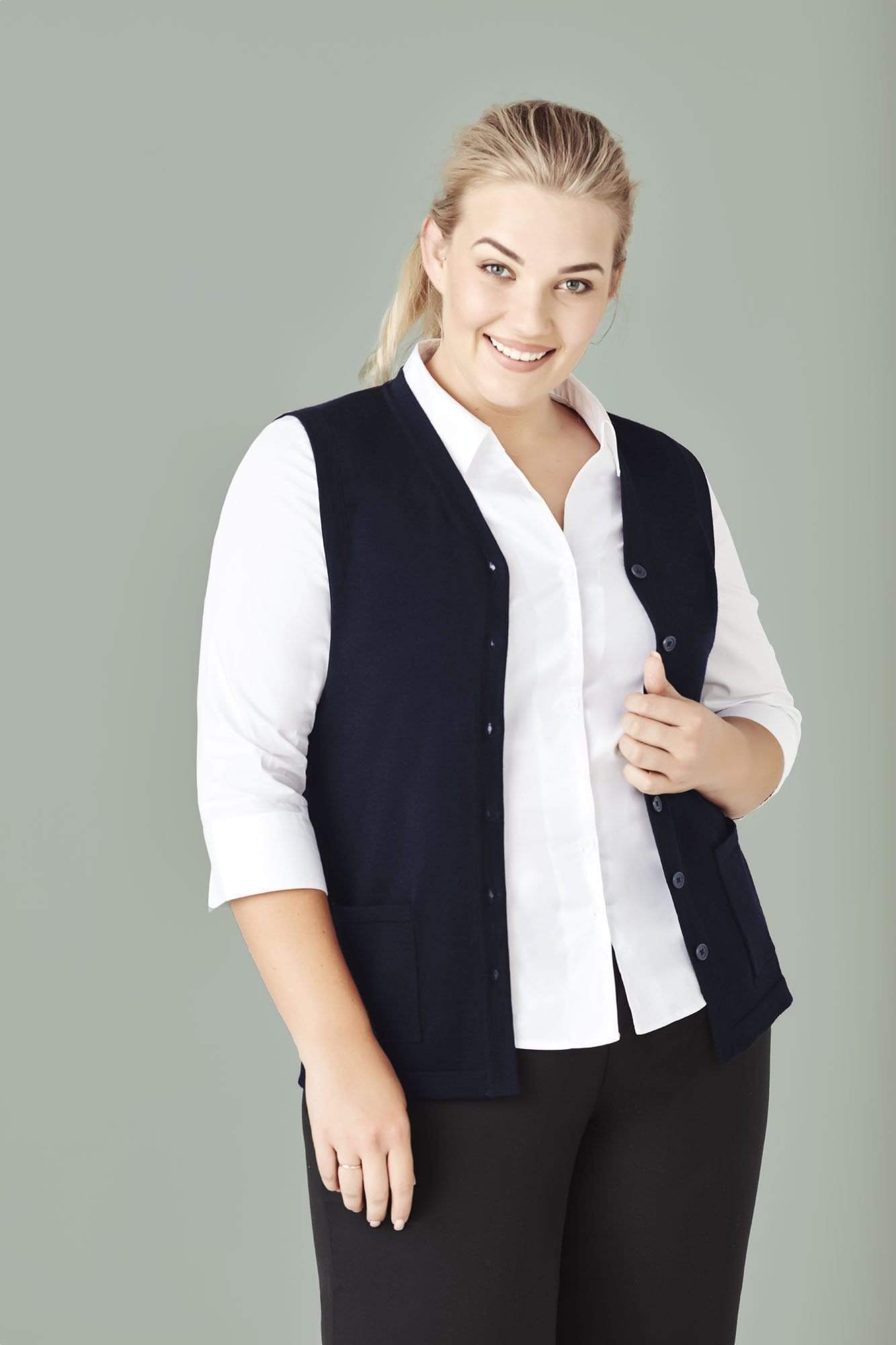 Biz Care Womens Button Front Knit Vest CK961LV Health & Beauty Biz Care   